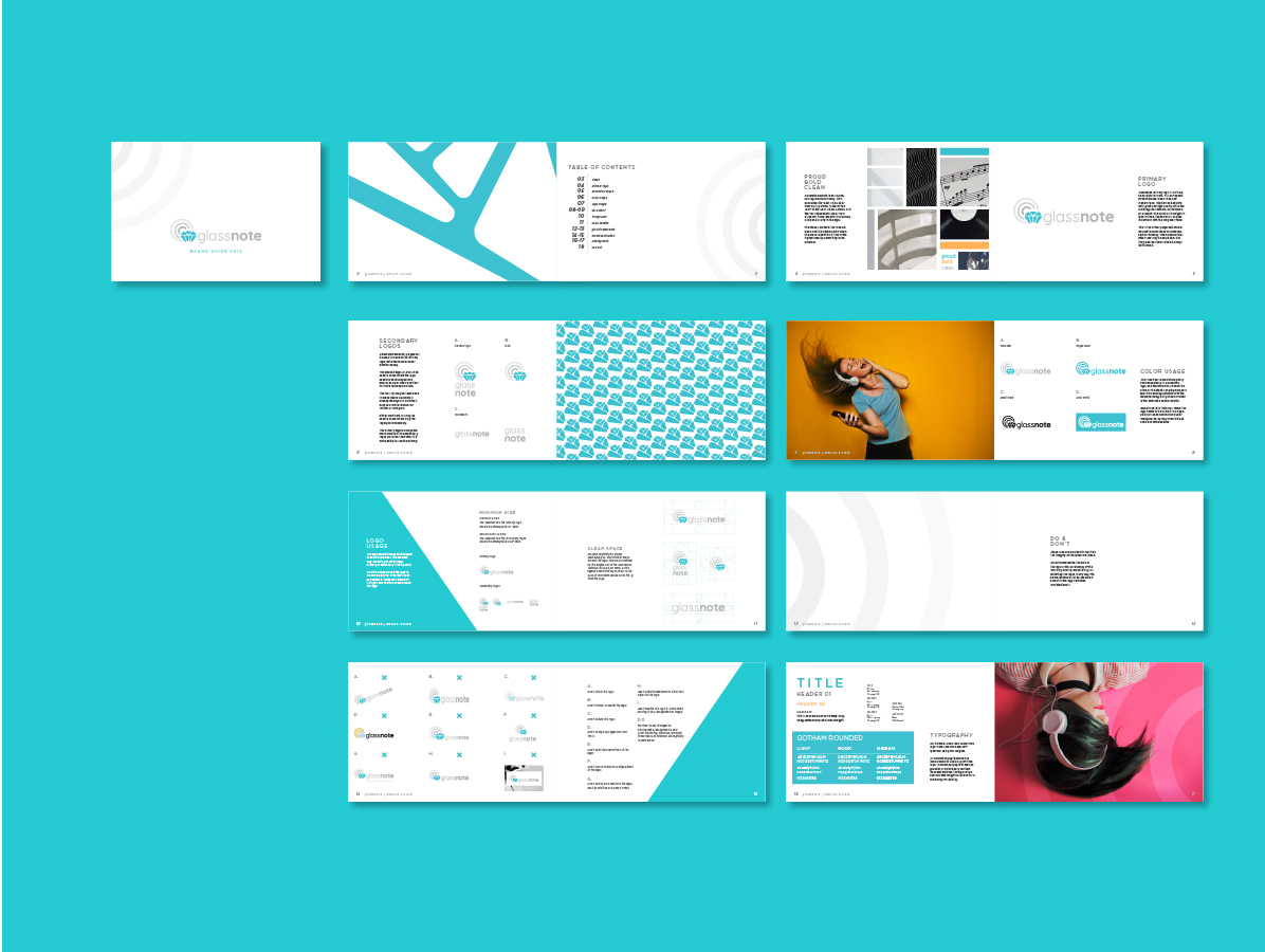 Glassnote rebrand: style guide spreads