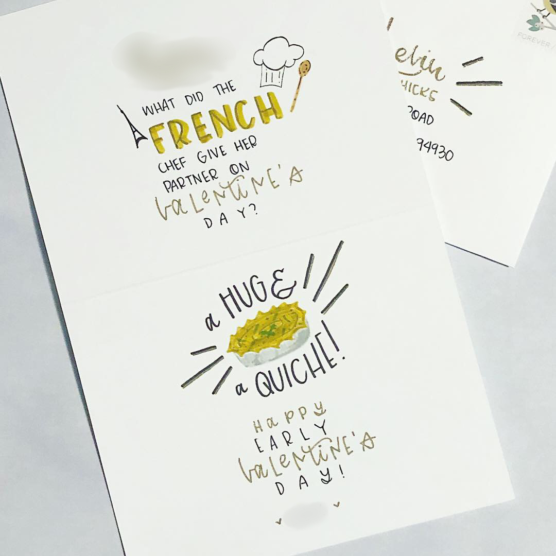 Punkpost handlettering & illustration work: Valentine's hug & quiche pun